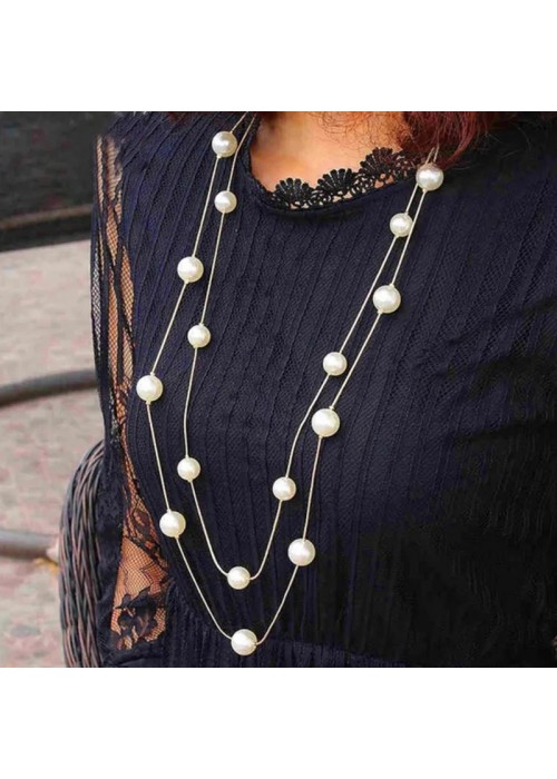 Jewels Galaxy Gold Plated Pearl Studded Long Layered Necklace