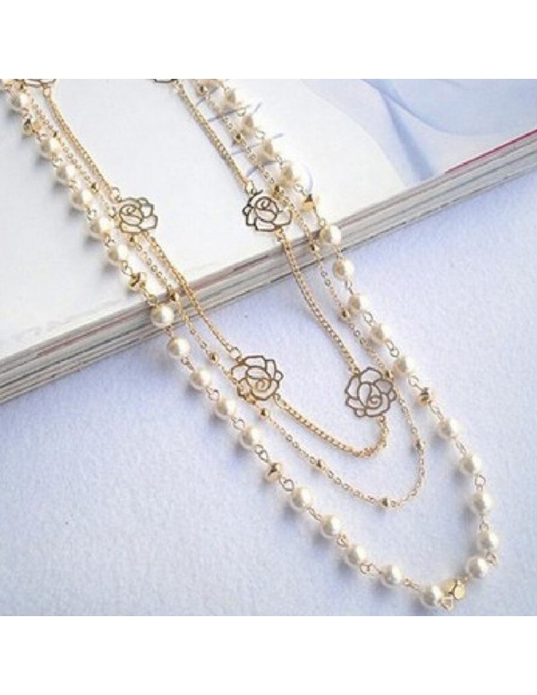 Jewels Galaxy Gold Plated Pearl Studded Long Floral Layered Necklace