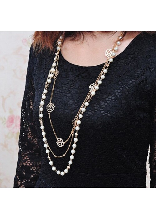Jewels Galaxy Gold Plated Pearl Studded Long Floral Layered Necklace