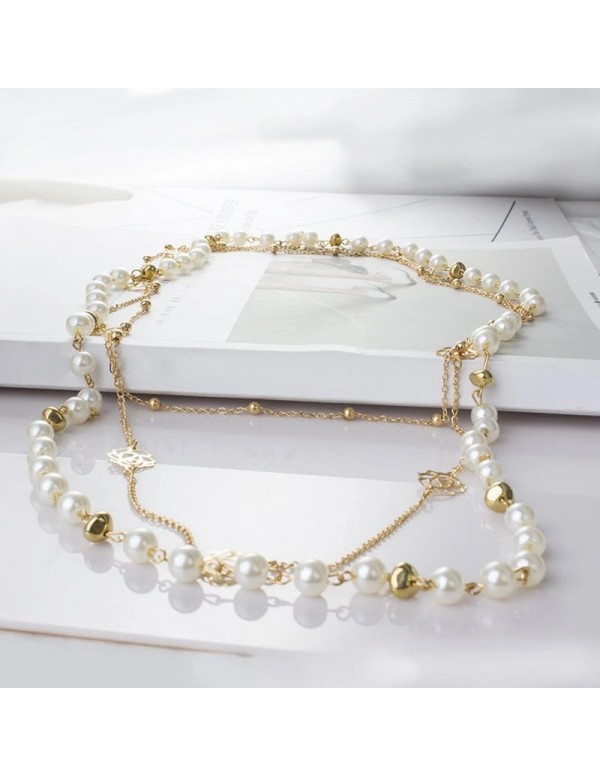 Jewels Galaxy Gold Plated Pearl Studded Long Floral Layered Necklace