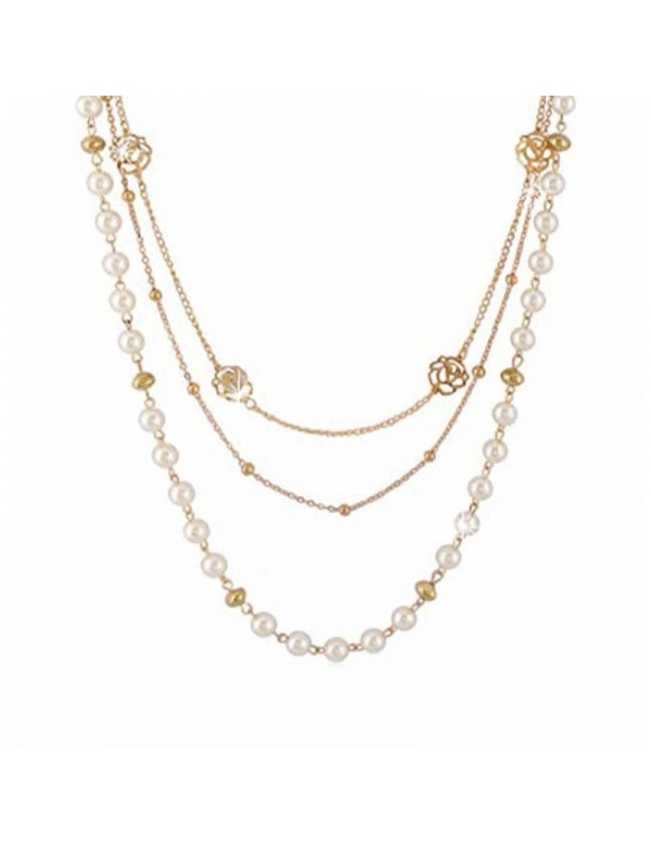 Jewels Galaxy Gold Plated Pearl Studded Long Floral Layered Necklace