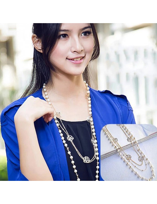 Jewels Galaxy Gold Plated Pearl Studded Long Floral Layered Necklace