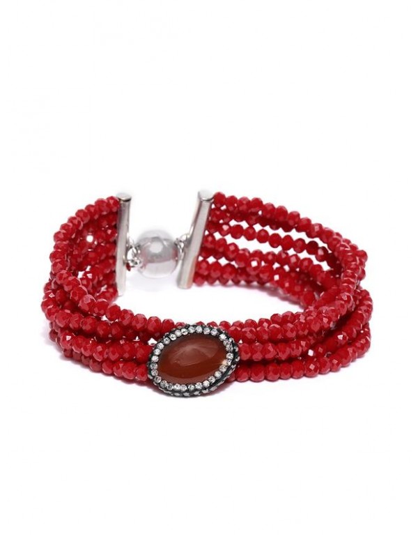 Red Silver-Plated Beaded Stone-Studded Handcrafted Multistrand Bracelet 17147