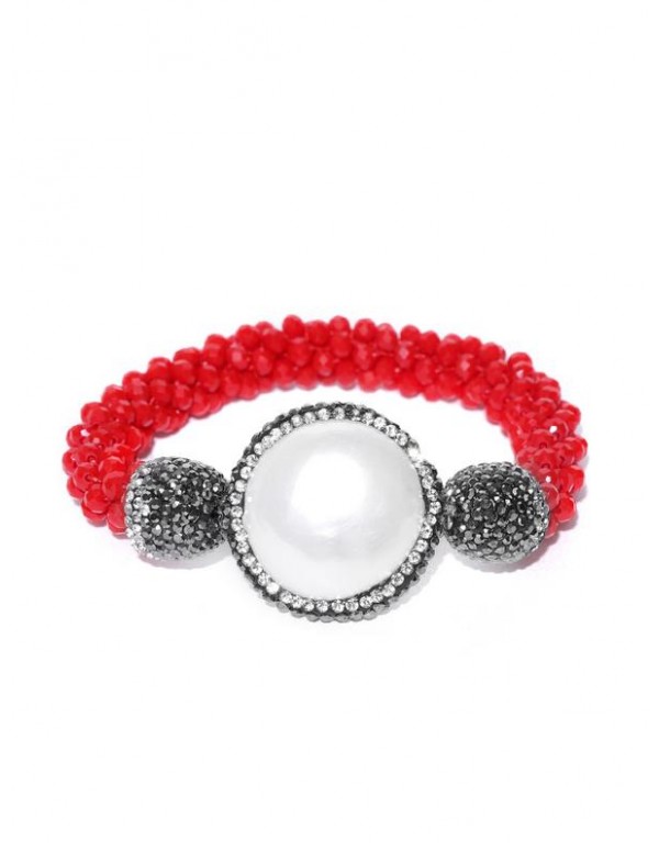 Red & Off-White Beaded & Stone-Studded Elasticated Bracelet 17166