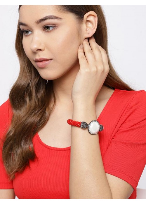 Red & Off-White Beaded & Stone-Studded Elasticated Bracelet 17166