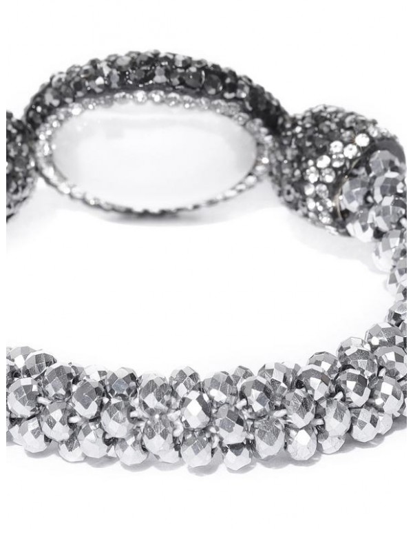 Silver-Toned & Off-White Beaded & Stone-Studded Elasticated Bracelet 17167