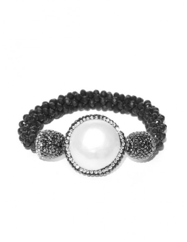 Black & Off-White Beaded & Stone-Studded Elasticated Bracelet 17168