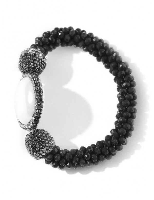 Black & Off-White Beaded & Stone-Studded Elasticated Bracelet 17168