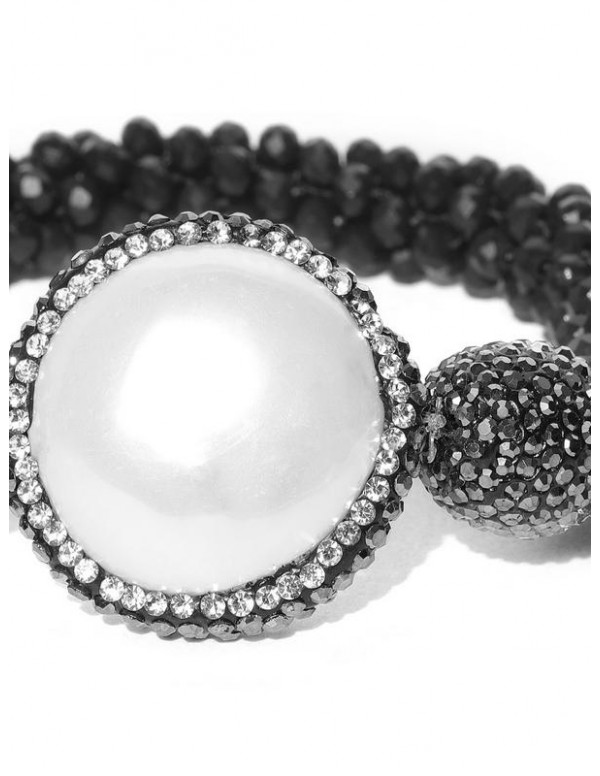 Black & Off-White Beaded & Stone-Studded Elasticated Bracelet 17168