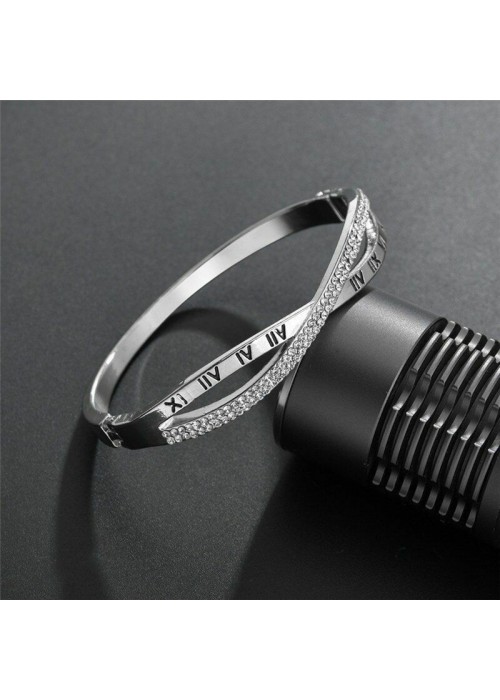 Jewels Galaxy Silver Plated Roman Numbers engraved Stone Studded Korean Bracelet For Women and Girls