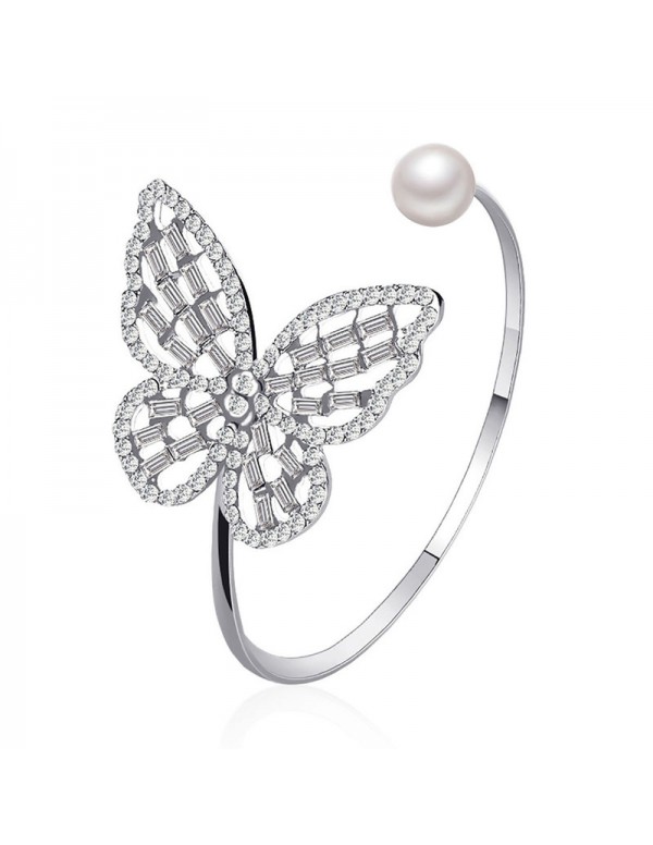Jewels Galaxy Silver Plated Butterfly inspired Stone Studded Korean Cuff Bracelet For Women and Girls