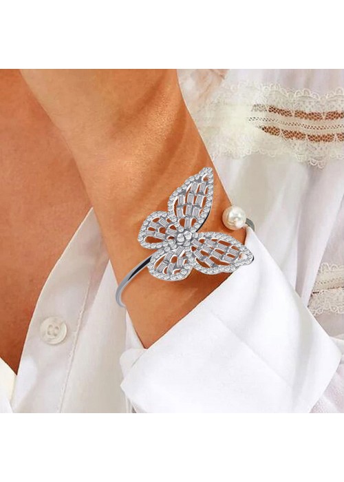 Jewels Galaxy Silver Plated Butterfly inspired Stone Studded Korean Cuff Bracelet For Women and Girls