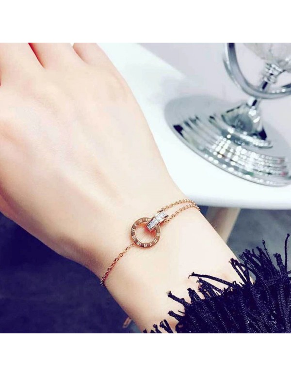 Jewels Galaxy Stainless Steel Rose Gold Plated CZ Studded Roman Numerals Contemporary Bracelet