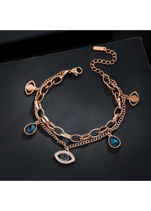 Jewels Galaxy Rose Gold Plated Stainless Steel Anti Tarnish Crystal Studded Evil Eye Bracelet