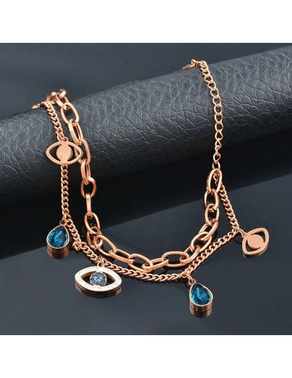 Jewels Galaxy Rose Gold Plated Stainless Steel Anti Tarnish Crystal Studded Evil Eye Bracelet