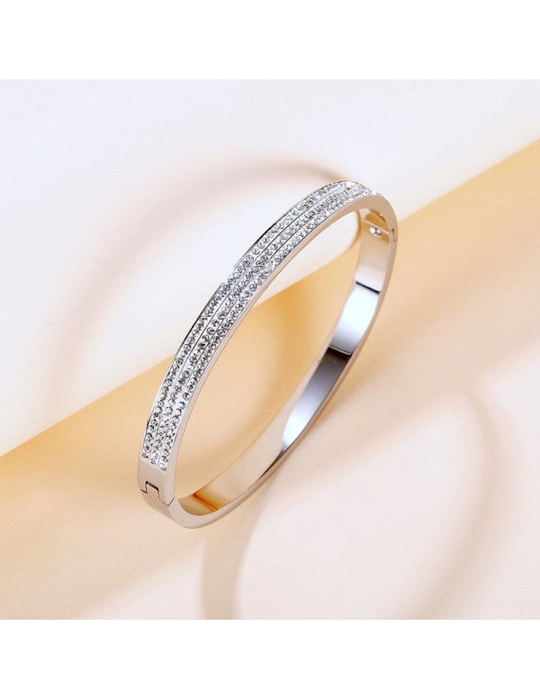 Jewels Galaxy Stainless Steel Silver Plated Triple Lines American Diamond Studded Contemporary Bracelet