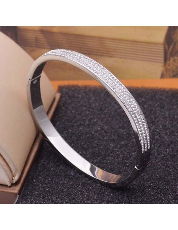 Jewels Galaxy Stainless Steel Silver Plated Triple Lines American Diamond Studded Contemporary Bracelet