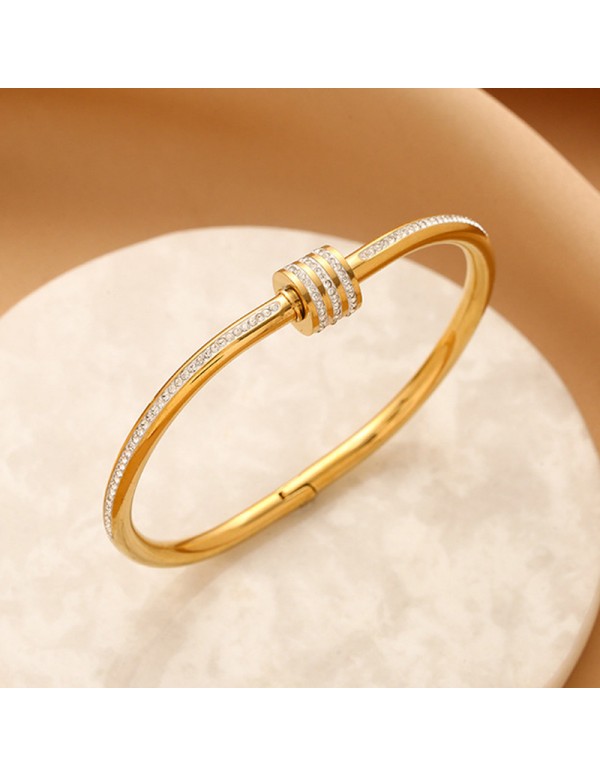 Jewels Galaxy Stainless Steel Gold Plated American Diamond Studded Bangle Style Bracelet