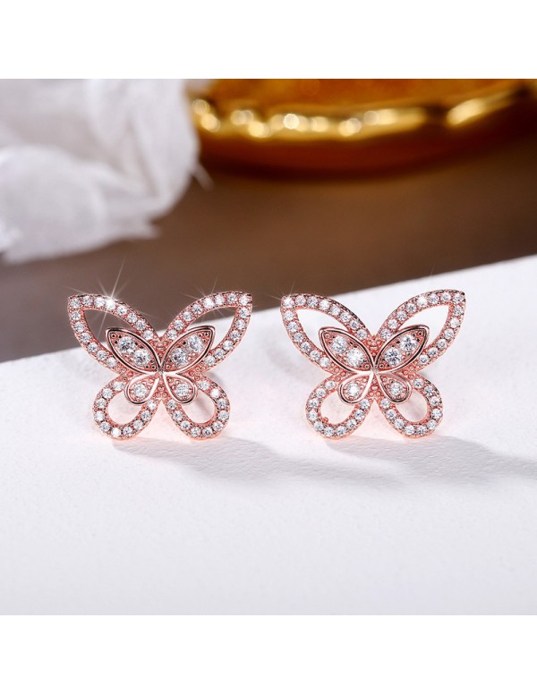 Jewels Galaxy Rose Gold Plated American Diamond Studded Butterfly Shaped Korean Earrings