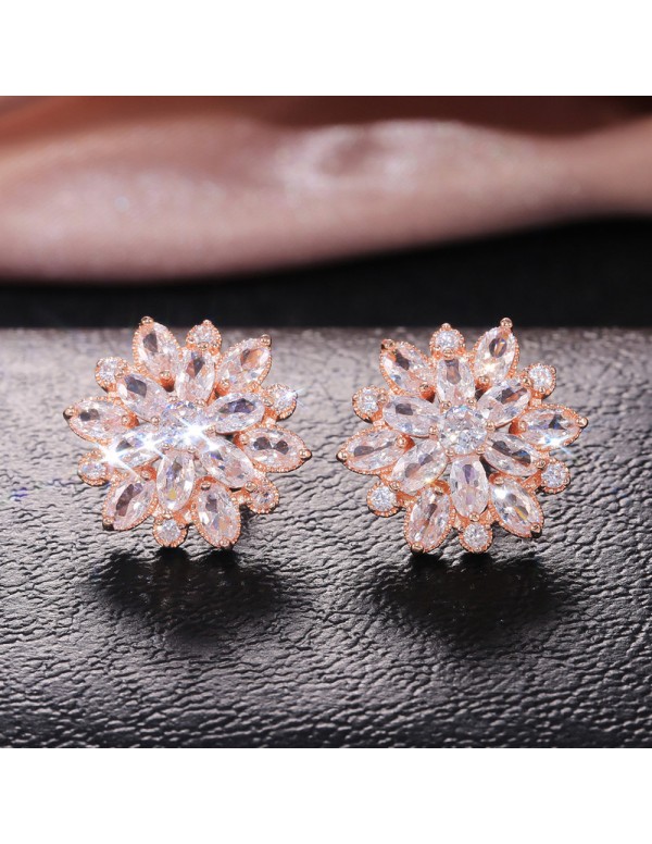 Jewels Galaxy Rose Gold Plated American Diamond Studded Floral Stud Earrings