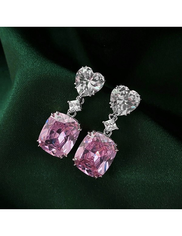 Jewels Galaxy Silver Plated AD Studded Silver Heart inspired Pink Crushed Ice Cut Drop Earrings