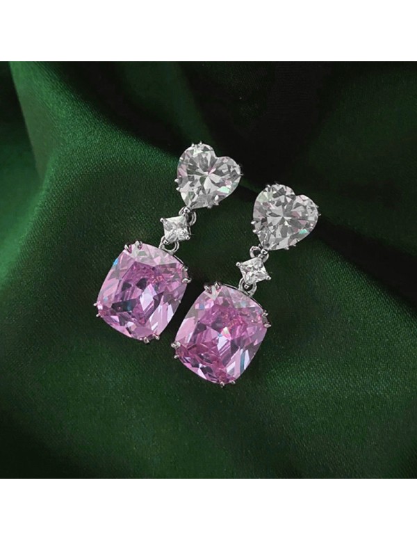 Jewels Galaxy Silver Plated AD Studded Silver Heart inspired Pink Crushed Ice Cut Drop Earrings