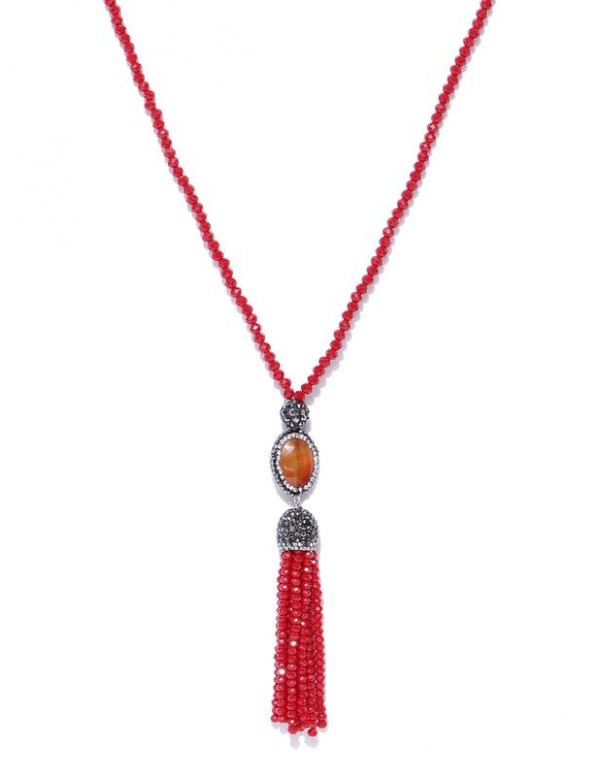 Red Beaded Tasseled Handcrafted Necklace 10051