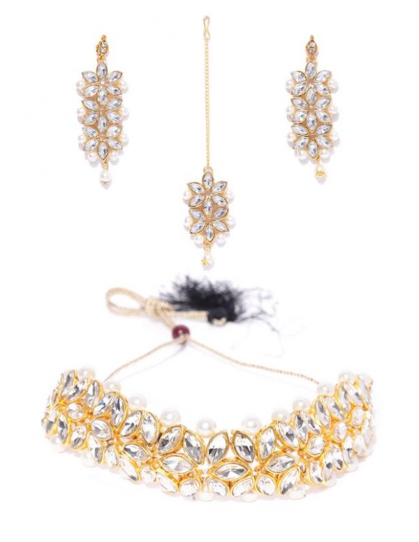 Jewels Galaxy White Gold-Plated Stone-Studded & Beaded Jewellery Set 10066