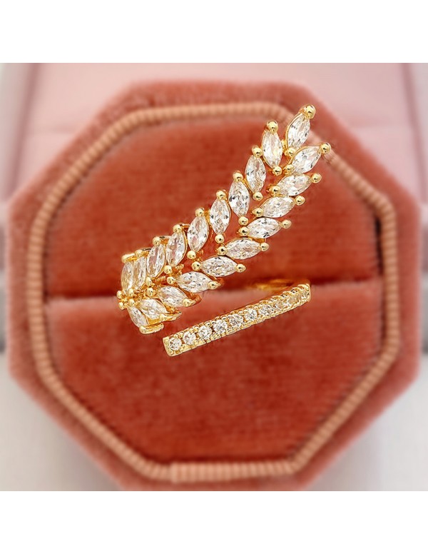 Jewels Galaxy Gold-Plated CZ Stone-Studded Leaf inspired Adjustable Finger Ring