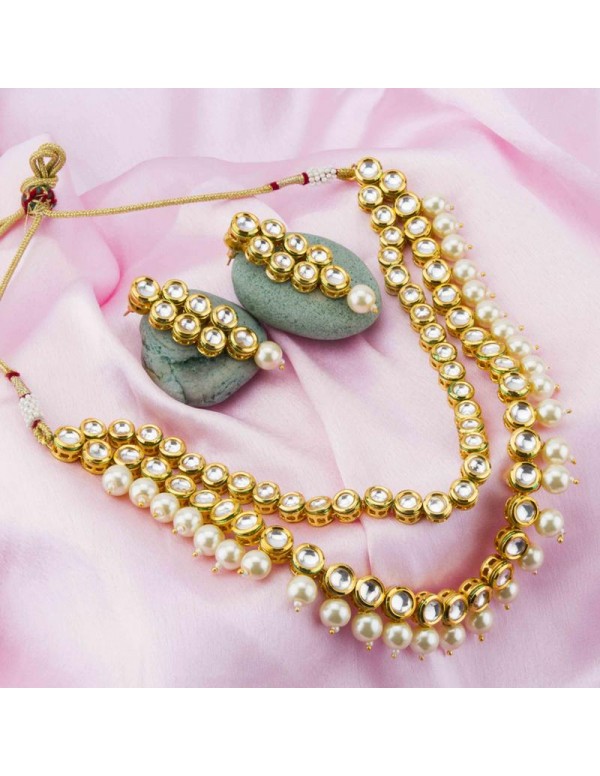 Jewels Galaxy Gold-Toned Dual-Stranded Kundan Jewellery Set 1486
