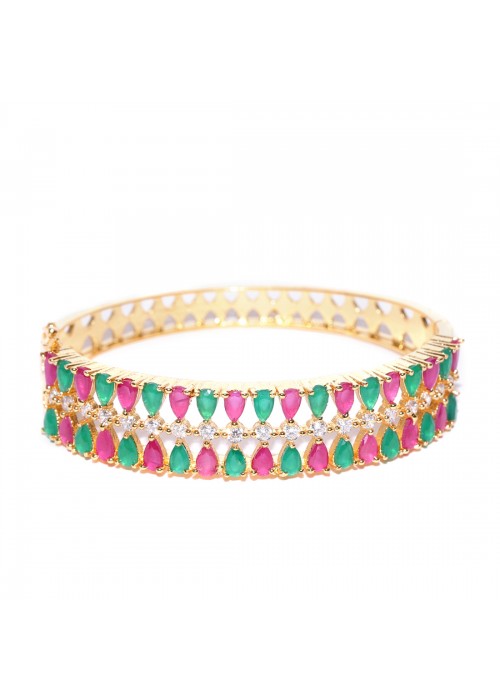 Jewels Galaxy Green & Pink Gold-Plated Stone-Studded Bangle-Style Bracelet 17004