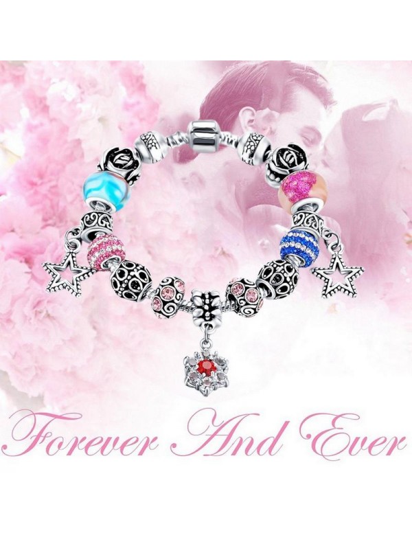 Jewels Galaxy Crystal Elements Sparkling Colors Star And Rose Inspired Antique Pandora Style Splendid Bracelet For Women/Girls 3164