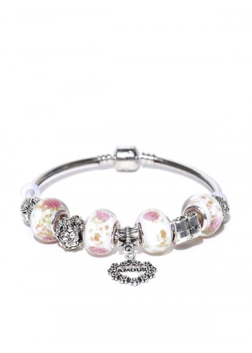 Jewels Galaxy Off-White Silver-Plated Handcrafted Charm Bracelet 3226