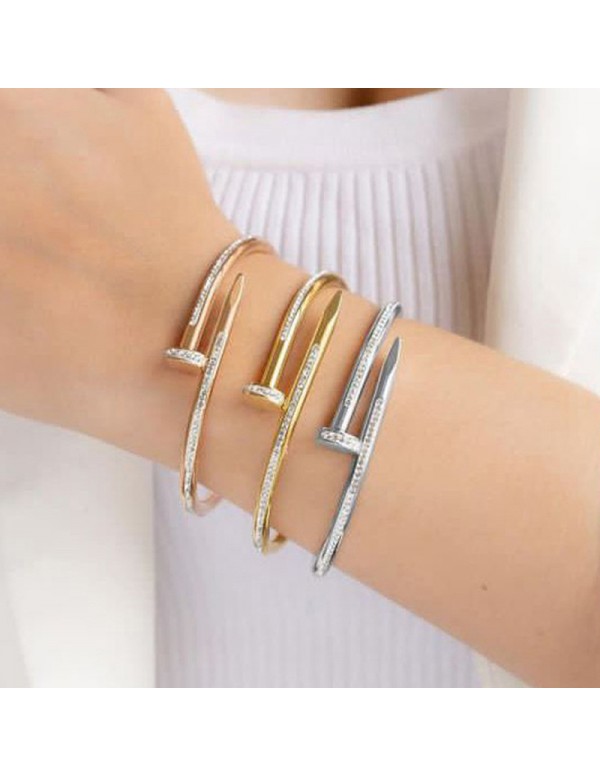 Jewels Galaxy Gold, Rose Gold and Silver Plated Stainless Steel Anti Tarnish AD Studded Nail Bracelet Combo of 3