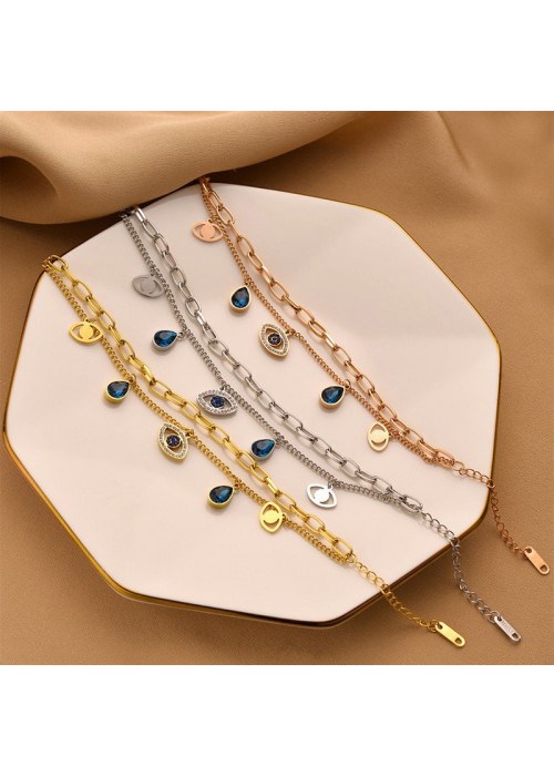 Jewels Galaxy Gold, Rose Gold and Silver Plated Stainless Steel Anti Tarnish Crystal Studded Evil Eye Bracelet Combo of 3