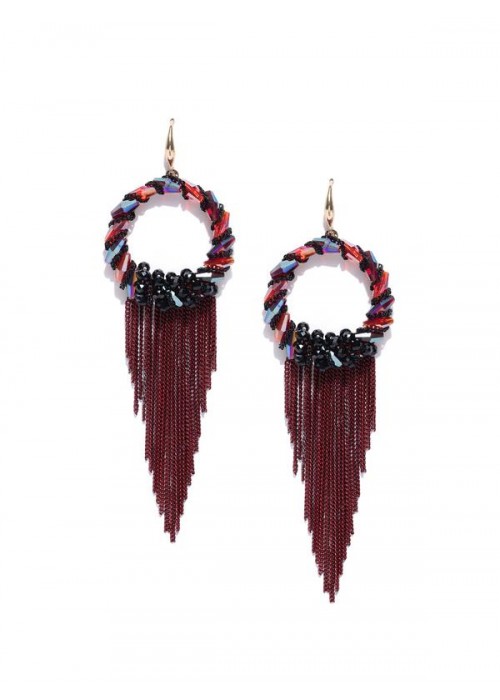 Jewels Galaxy Black & Maroon Gold-Plated Handcrafted Circular Drop Earrings 2498