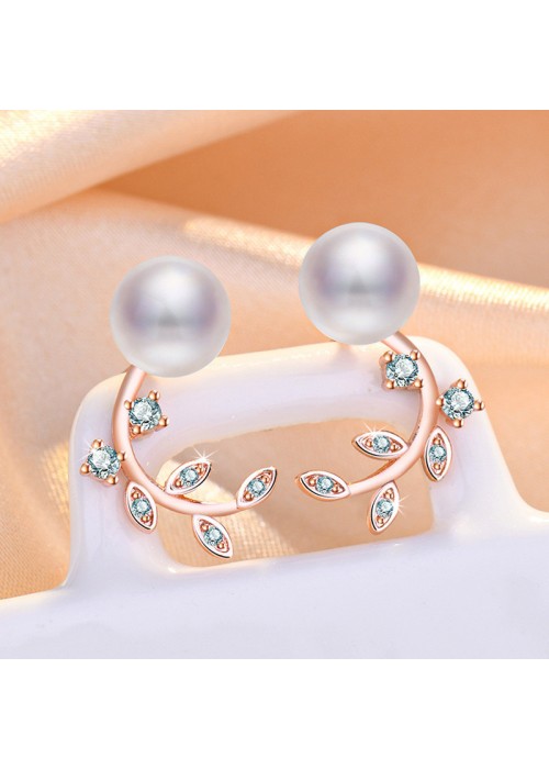Jewels Galaxy Rose Gold Plated American Diamond Studded Pearl Leaf Korean Stud Earrings
