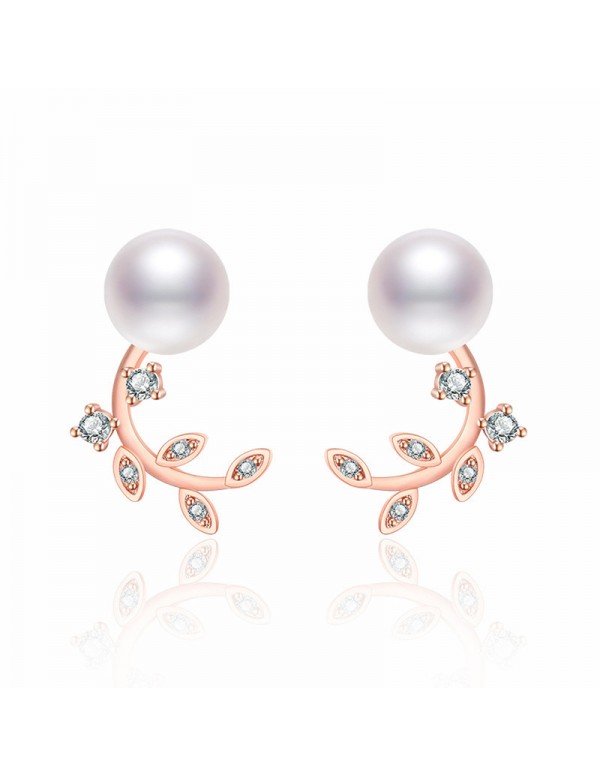 Jewels Galaxy Rose Gold Plated American Diamond Studded Pearl Leaf Korean Stud Earrings