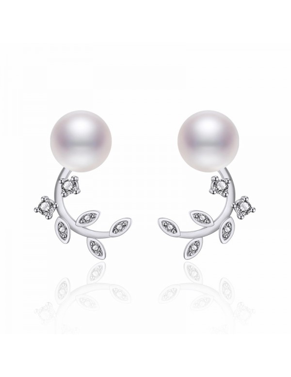 Jewels Galaxy Silver Plated American Diamond Studded Pearl Leaf Korean Stud Earrings