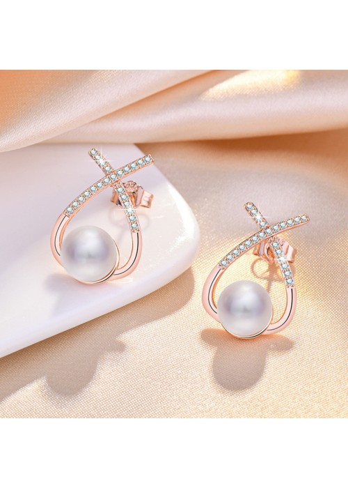 Jewels Galaxy Rose Gold Plated American Diamond Studded Cross Shape Korean Stud Earrings