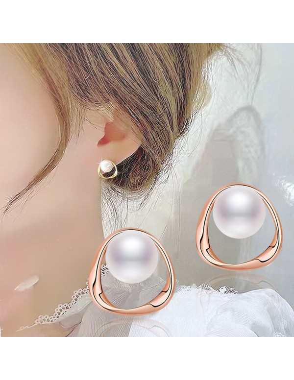 Jewels Galaxy Rose Gold Plated Triangle Shaped Pearl Studded Korean Stud Earrings