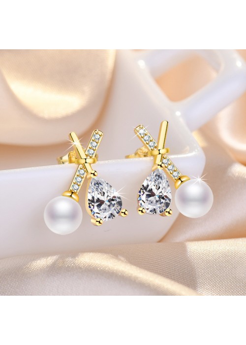 Jewels Galaxy Gold Plated American Diamond Studded Cross Shape Korean Stud Earrings