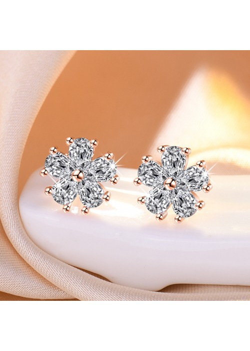 Jewels Galaxy Rose Gold Plated American Diamond Studded Floral Korean Stud Earrings