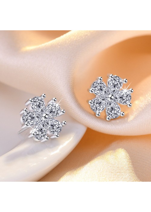 Jewels Galaxy Silver Plated American Diamond Studded Floral Korean Stud Earrings