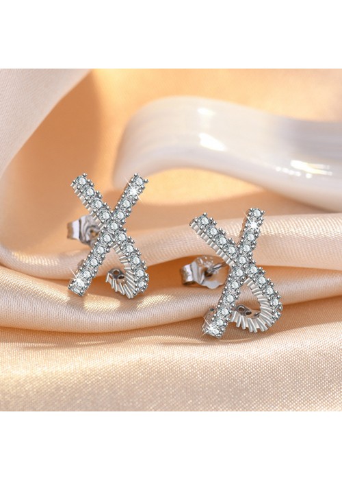 Jewels Galaxy Silver Plated American Diamond Studded Cross Shape Korean Stud Earrings
