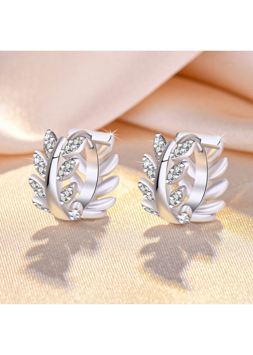 Jewels Galaxy Silver Plated American Diamond Studded Leaf inspired Hoop Earrings