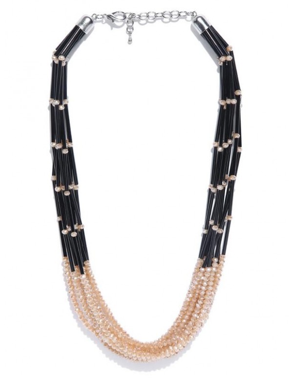 Jewels Galaxy Beige & Black Copper-Plated Beaded Multi-Stranded Necklace 8054