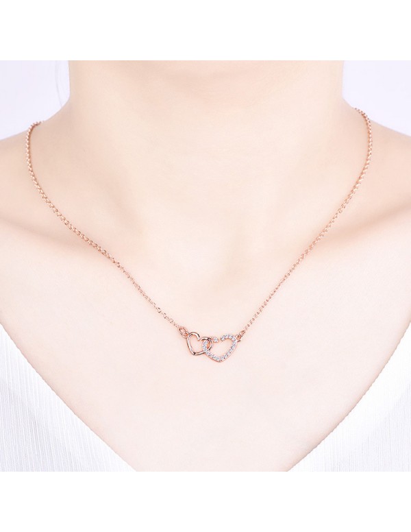 Jewels Galaxy Rose Gold Plated American Diamond Studded Dual Heart Contemporary Korean Pendant