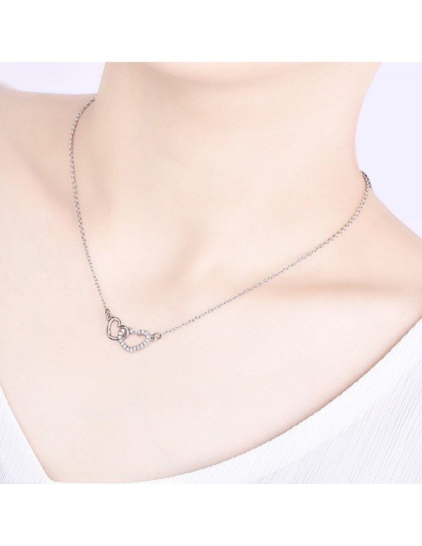Jewels Galaxy Silver Plated American Diamond Studded Dual Heart Contemporary Korean Pendant