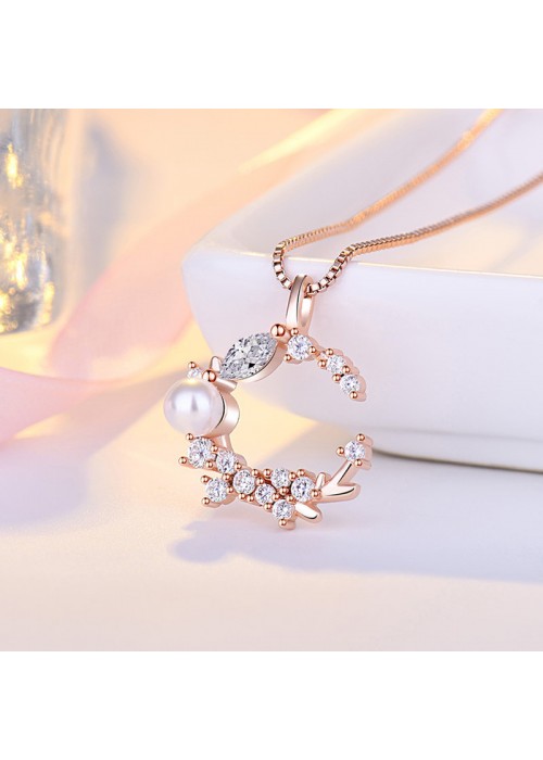 Jewels Galaxy Rose Gold Plated American Diamond Studded Moon Shape Contemporary Korean Pendant